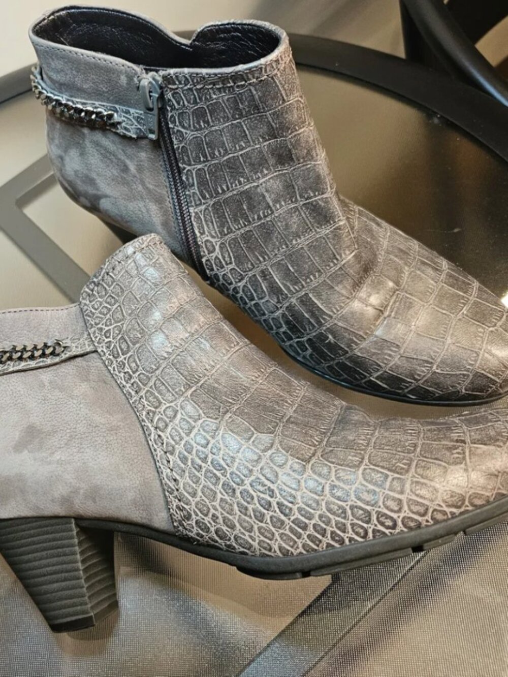 Gabor Croc Embossed Ankle Boots with Chain Trim